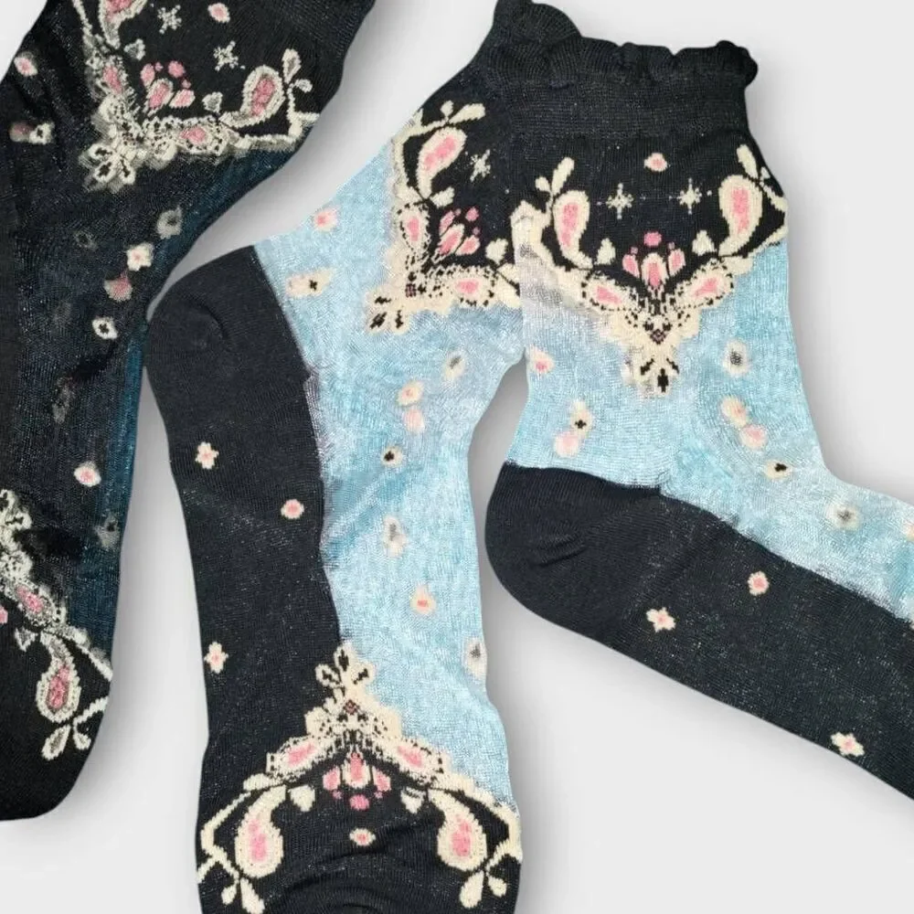 Womens Socks (7) OS Ankle Ruffle Black Sheer Floral Coquette Whimsicore Princess